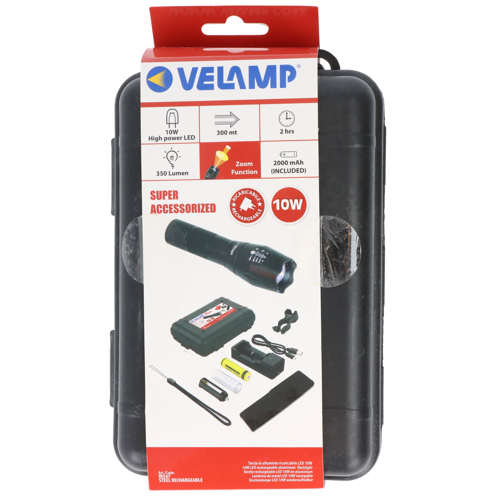 Lampe de poche LED rechargeable Velamp Steel 10W avec de nombreux accessoires dans un étui rigide 150lm Li-Ion